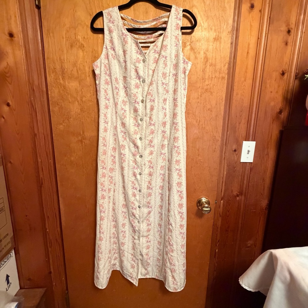 Sleeveless Cream Maxi Dress with Pink Floral Print - Button Front
